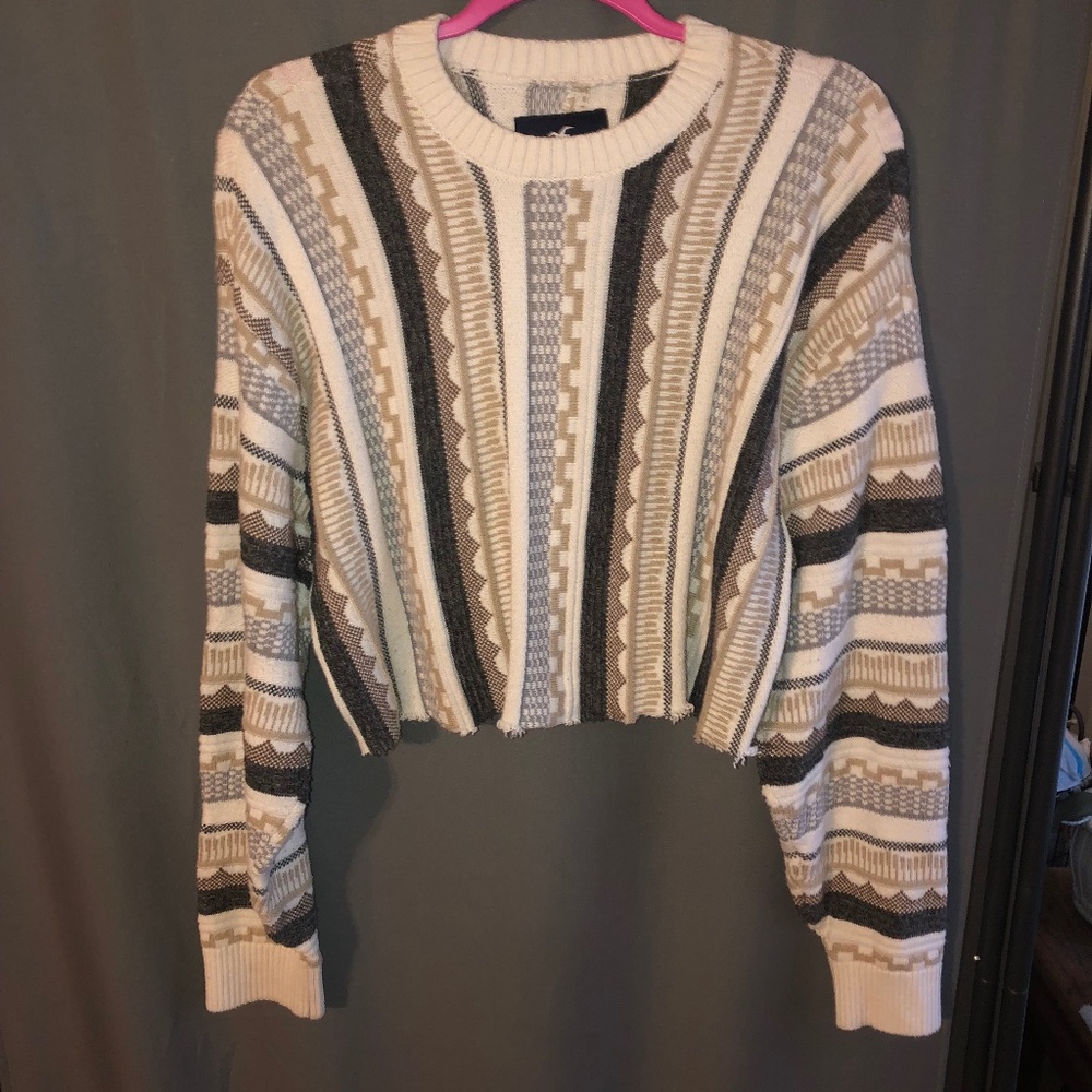 Hollister Aztec boho textured knit GrandpaCore cropped jumper neutral toned